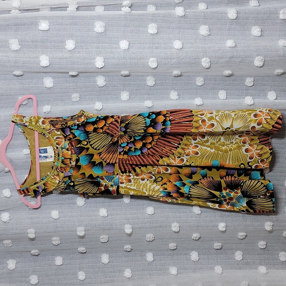Sleeveless Floral-Print Dress in Mustard, Teal & Brown